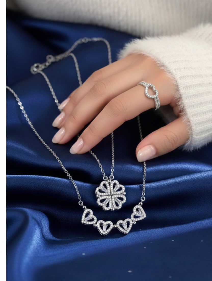 Kadın Paslanmaz Çelik Zirkon Taşlı Yonca Kolye & Kalp Yüzük Seti