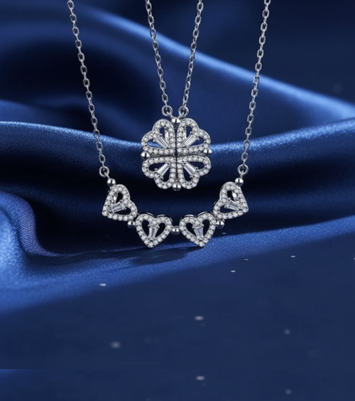 Kadın Paslanmaz Çelik Zirkon Taşlı Yonca Kolye & Kalp Yüzük Seti